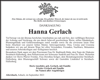 Traueranzeige von Hanna Gerlach von Südthüringer Presse