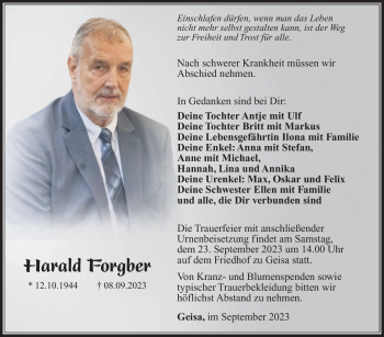 Traueranzeige von Harald Forgber von Südthüringer Presse