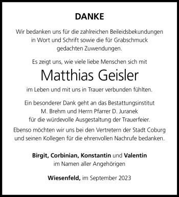 Traueranzeige von Matthias Geisler von Neue Presse Coburg