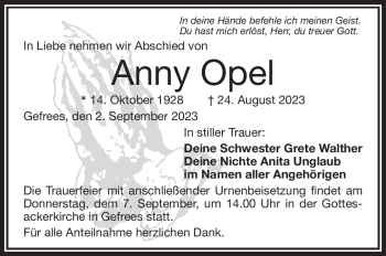 Traueranzeige von Anny Opel von Frankenpost