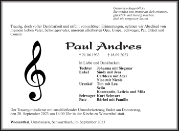 Traueranzeige von Paul Andres von Südthüringer Presse