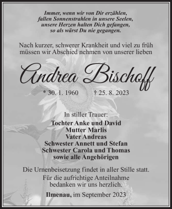 Traueranzeige von Andrea Bischoff von Südthüringer Presse