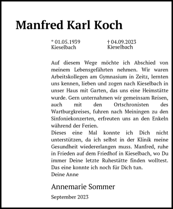 Traueranzeige von Manfred Koch von Südthüringer Presse