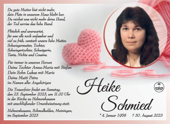 Traueranzeige von Heike Schmied von Südthüringer Presse