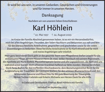 Traueranzeige von Karl Höhlein von Südthüringer Presse