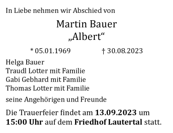Traueranzeige von Martin Bauer von Neue Presse Coburg