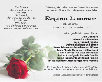 Traueranzeige von Regina Lommer von Südthüringer Presse