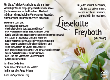 Traueranzeige von Lieselotte Freyboth von Südthüringer Presse