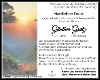 Traueranzeige von Günther Gratz von Südthüringer Presse