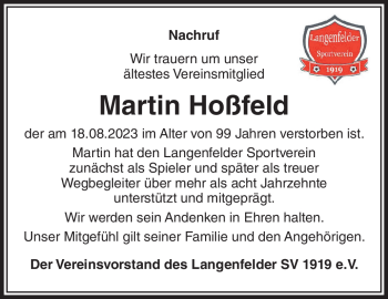 Traueranzeige von Martin Hoßfeld von Südthüringer Presse