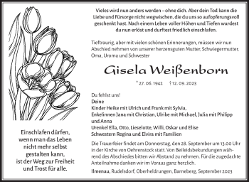 Traueranzeige von Gisela Weißenborn von Südthüringer Presse
