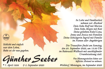 Traueranzeige von Günther Seeber von Südthüringer Presse