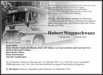 Traueranzeige von Hubert Wagenschwanz von Südthüringer Presse