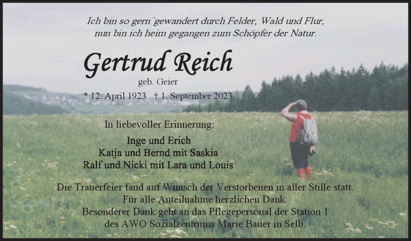  Traueranzeige für Gertrud Reich vom 23.09.2023 aus Frankenpost