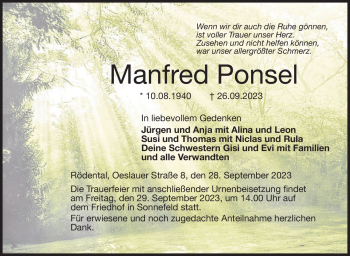 Traueranzeige von Manfred Ponsel von Neue Presse Coburg