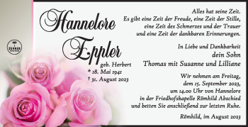 Traueranzeige von Hannelore Eppler von Südthüringer Presse