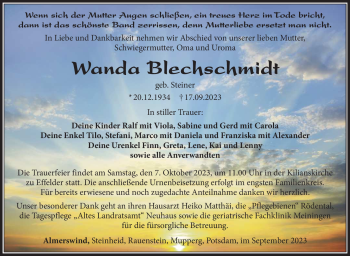 Traueranzeige von Wanda Blechschmidt von Südthüringer Presse