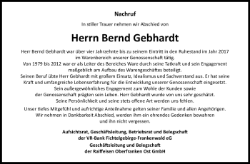 Traueranzeige von Bernd Gebhardt von Frankenpost