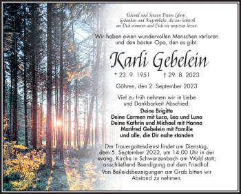 Traueranzeige von Karli Gebelein von Frankenpost