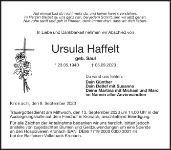 Traueranzeige von Ursula Haffelt von Neue Presse Coburg
