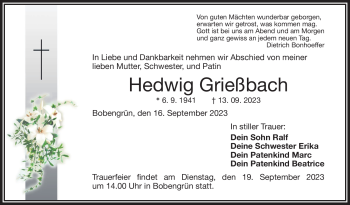 Traueranzeige von Hedwig Grießbach von Frankenpost
