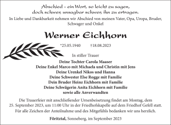 Traueranzeige von Werner Eichhorn von Südthüringer Presse