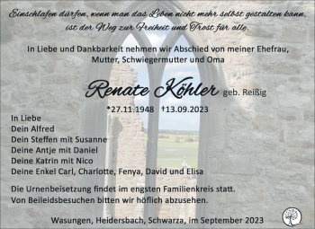 Traueranzeige von Renate Köhler von Südthüringer Presse