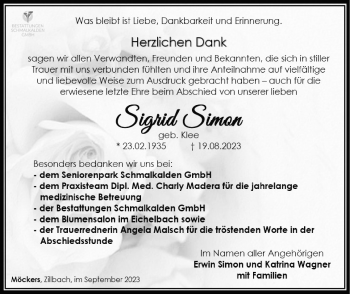 Traueranzeige von Sigrid Simon von Südthüringer Presse
