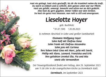 Traueranzeige von Lieselotte Hoyer von Südthüringer Presse