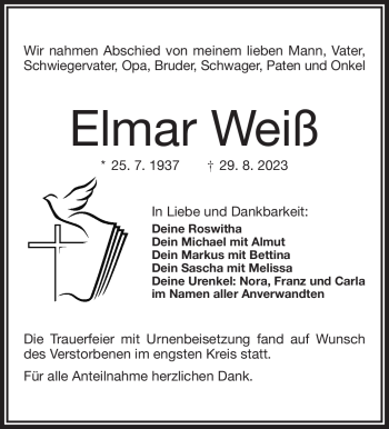 Traueranzeige von Elmar Weiß von Frankenpost