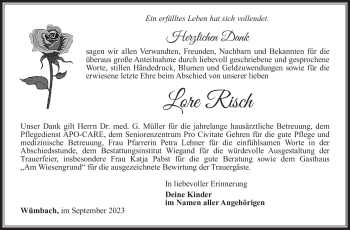 Traueranzeige von Lore Risch von Südthüringer Presse