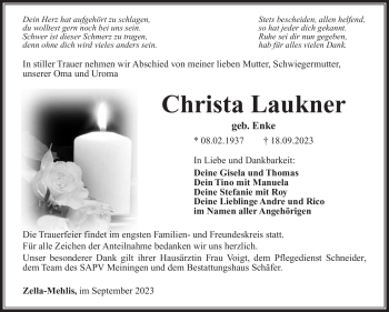 Traueranzeige von Christa Laukner von Südthüringer Presse