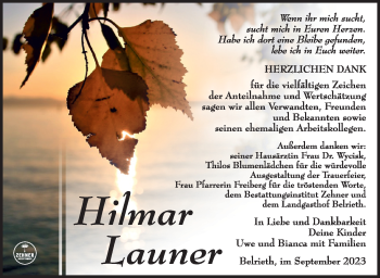 Traueranzeige von Hlmar Launer von Südthüringer Presse