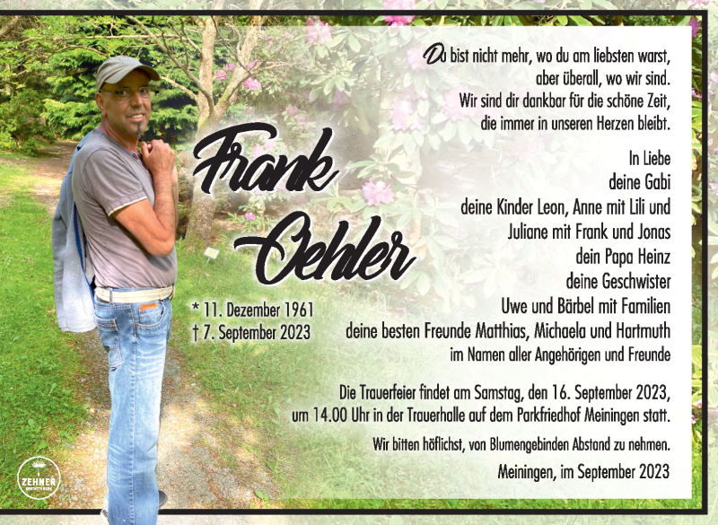  Traueranzeige für Frank Oehler vom 13.09.2023 aus Südthüringer Presse