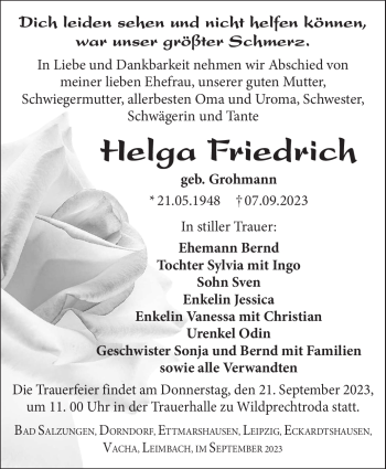 Traueranzeige von Helga Friedrich von Südthüringer Presse