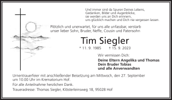 Traueranzeige von Tim Siegler von Frankenpost