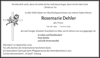 Traueranzeige von Rosemarie Dehler von Neue Presse Coburg