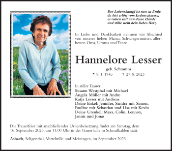 Traueranzeige von Hannelore Lesser von Südthüringer Presse