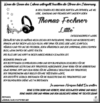 Traueranzeige von Thomas Fechner von Südthüringer Presse