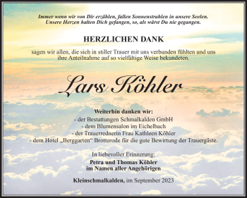 Traueranzeige von Lars Köhler von Südthüringer Presse