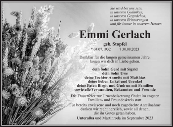 Traueranzeige von Emmi Gerlach von Südthüringer Presse