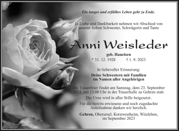 Traueranzeige von Anni Weisleder von Südthüringer Presse