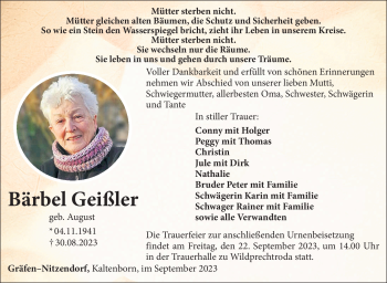Traueranzeige von Bärbel Geißler von Südthüringer Presse
