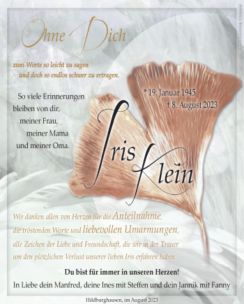 Traueranzeige von IrisIris KleinKlein von Südthüringer Presse