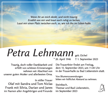 Traueranzeige von Petra Lehmann von Südthüringer Presse