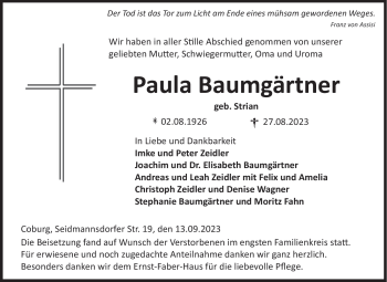 Traueranzeige von Paula Baumgärtner von Neue Presse Coburg