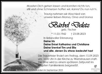 Traueranzeige von Bärbel Deletz von Südthüringer Presse