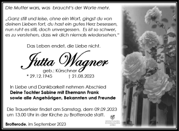 Traueranzeige von Jutta Wagner von Südthüringer Presse