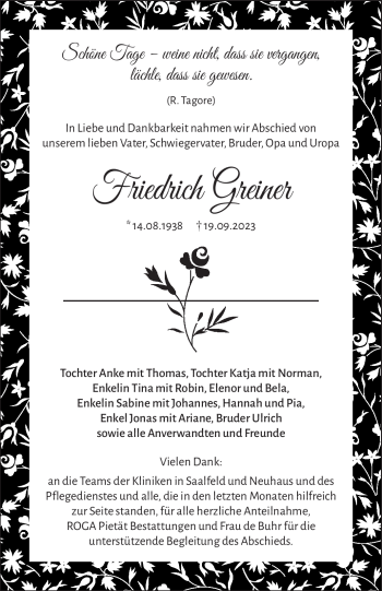 Traueranzeige von Friedrich Greiner von Südthüringer Presse