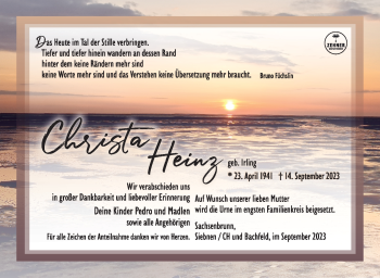 Traueranzeige von Christa Heinz von Südthüringer Presse